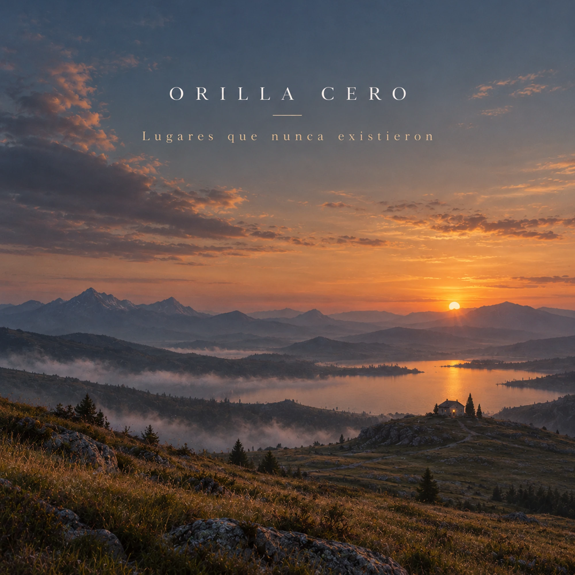 Cover of Lugares que nunca existieron by Orilla Cero: a sunrise over lakes and mountains, with a house on a hill