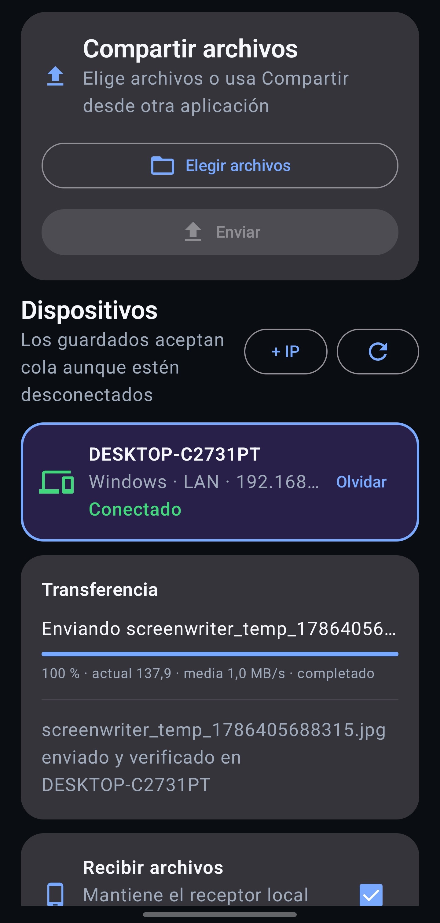 Pantalla móvil de Actived Share para compartir archivos y seleccionar dispositivos conectados.