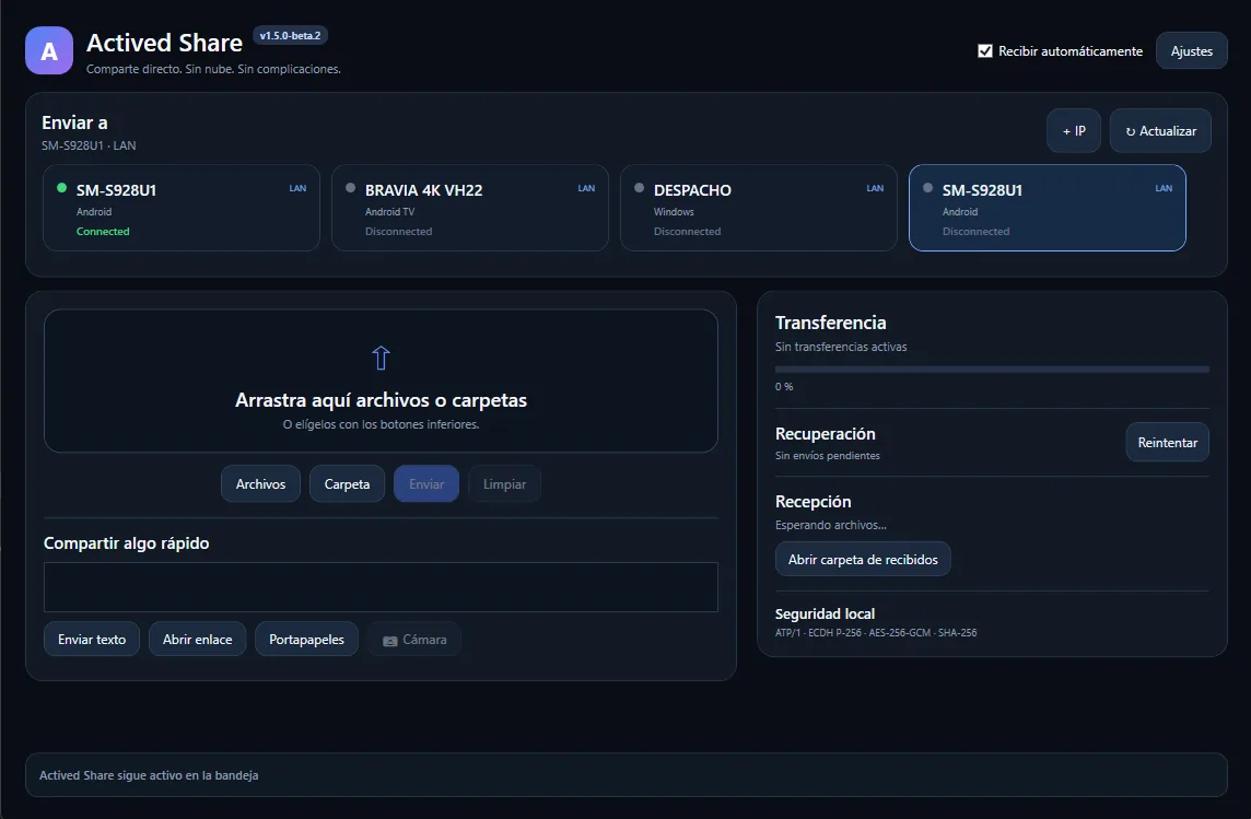 Actived Share main window with connected devices and transfer panels.